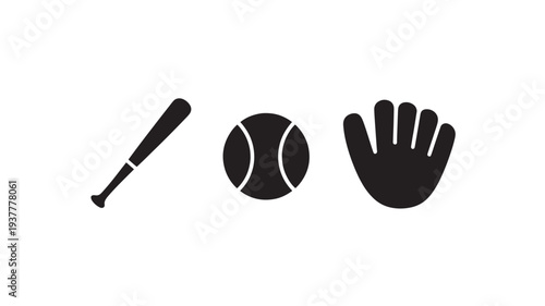 Black Baseball Bat, Ball And Glove Icons For Sports Concepts
