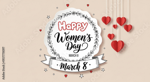 Happy women's day march 8 greeting card with red hearts on beige background