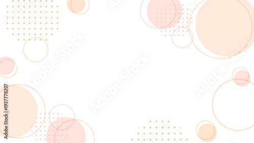 くすみパステルのベージュ・オレンジ・ピンクの円とドットを散りばめた北欧ナチュラルな大人かわいいメンフィス風フレーム背景（16対9・中央コピースペース）