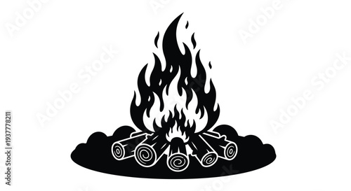 Black silhouette of a burning campfire with stacked wooden logs