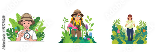 Explorers in lush jungle with compass and plants