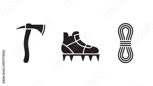 Black Icons Of Ice Skate Boot, Axe And Shoelaces On White Background For Sports Equipment Concepts