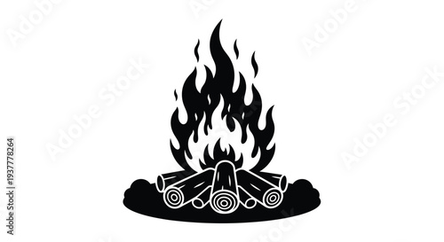 Stylized black and white illustration of a roaring campfire with logs
