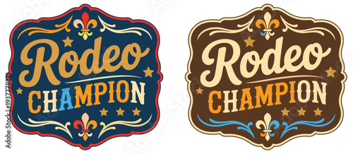 Rodeo Champion Cowboy Label Style Belt Buckle Featuring Bull Rider Medal Typographic Emblem Ornate Western Vector Design for Rodeo Events Western Culture and Cowboy Illustration