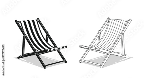 Two folding beach chairs one striped and one plain in a line