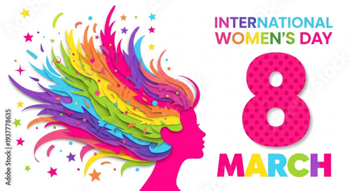 International women's day celebration on march 8th with colorful hair and stars