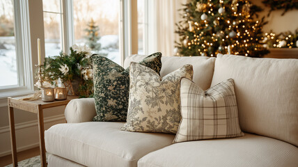 Cozy Christmas throw pillow mockup bringing festive charm to a stylish preppy living room Generative AI