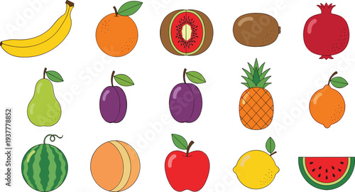 Colorful Fresh Fruit Icon Collection with Banana, Orange, Apple, Pineapple, Watermelon, Lemon, Kiwi, and Other Healthy Food Vector Illustrations.