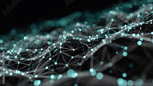 Abstract digital plexus network of glowing teal nodes and white lines connecting in a dark space representing big data and connectivity