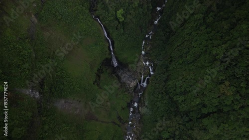 Aerial view of hidden waterfalls Quebrada Gata on river Rio Toro in Costa Rica in lush highlands near Bajos del Toro
