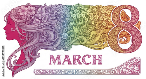 Vibrant women's day illustration with rainbow hair and flowers march 8th celebration