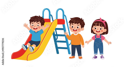 Happy cartoon children playing on a bright yellow and red playground slide outdoors