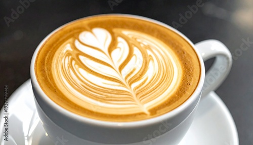 Delicious Latte Art Coffee in White Ceramic Cup, Close Up