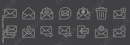 Minimalist line email icon set with editable stroke featuring inbox  message  envelope  notification  mailing  and interface symbols