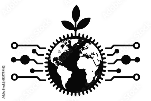 Global environmental technology and growth concept, eco-friendly digital world, sustainable development icon vector