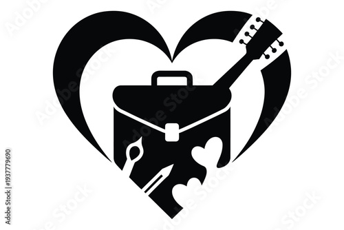 Heart with briefcase and musical instrument concept, career and hobby symbol, work life balance icon, vector illustration in black color