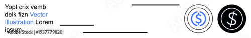 Finance, currency, banking, payment systems, monetary transactions, investment platforms. Blue and black dollar sign icons in circular frames. Finance and currency concept