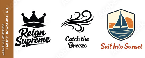 Creative collection of three stylish tshirt logo designs featuring crown wave and sailboat motifs perfect for casual apparel and branding projects