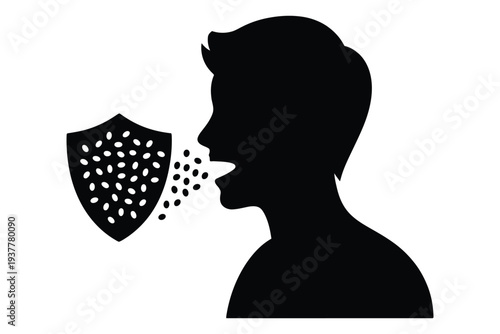 Silhouette man coughing or sneezing into shield to prevent spreading germs and viruses health protection concept vector illustration graphic