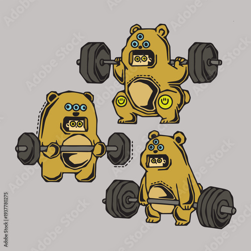 Cute cartoon bear characters lifting barbells in different weightlifting poses