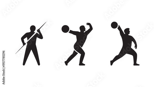 Black Silhouettes Of Men Throwing Javelin And Ball For Sports Concepts