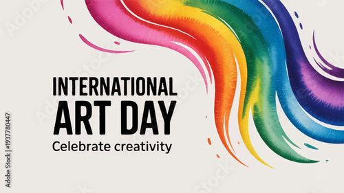 International art day celebration with rainbow colors and text on beige background