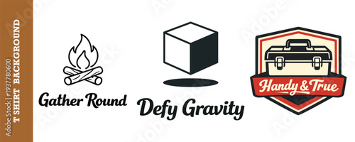 Creative tshirt background design featuring campfire gathering toolbox and floating cube elements ideal for outdoor adventure and handyman themes