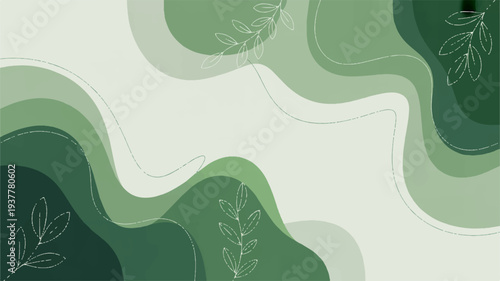 Green abstract wavy shapes with leaf patterns on a light green background modern minimalist design