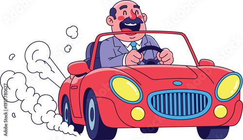 Happy bald man with mustache driving red convertible car fast, success and travel lifestyle vector illustration