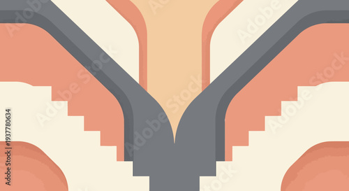 Abstract illustration of symmetrical roads diverging with peach and gray hues on white