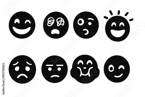 Doodle Faces Icon Set. Playful Doodle Expressions. Filled icon set of Playful Doodle Expressions: cheeky grin,