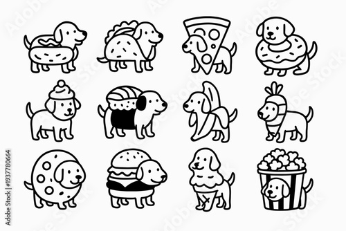 Silly Dog Costumes. Silly dog food-themed costumes. Line outline icon set of silly dog food-themed costumes: