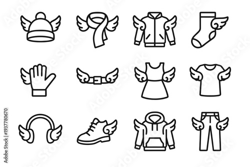 Winged Clothing Icons. Angelic wings on clothing items. Line outline icon set of angelic wings on clothing