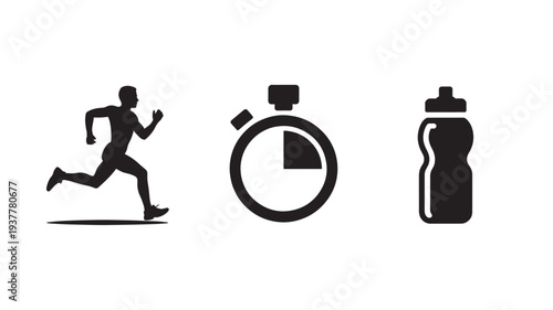Man Running Silhouette With Stopwatch And Water Bottle For Fitness Concepts