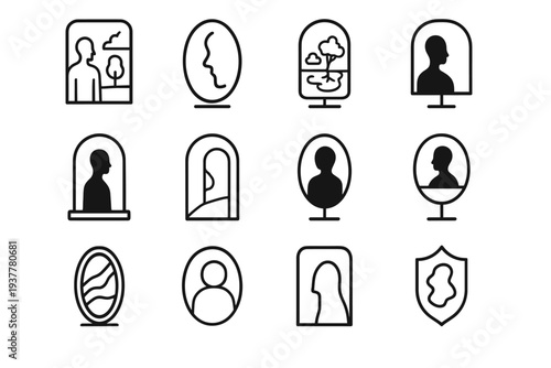 Surreal Mirror Icons. Mirrors revealing unexpected realities. Line outline icon set of Mirrors revealing
