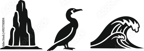 Coastal Nature Silhouette Set: Ocean Wave, Cormorant Sea Bird, and Rock Formation Icons