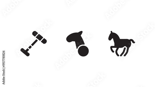 Black Silhouettes Of Dumbbell, Golf Club, And Horse On White Background For Sports And Fitness Concepts