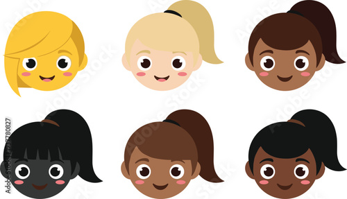 Cute Girls Avatar Faces Collection with Diverse Children Characters for Kids Profile Icons, Education Apps, Games, Social Media, and Cartoon Illustration Design.