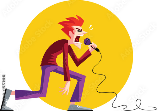 Red haired rock singer performing with microphone on yellow circle background, energetic male vocalist music illustration