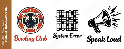 Creative vintage t shirt design collection featuring bowling club logo crossword puzzle and megaphone illustration set perfect for hobby leisure and error messages