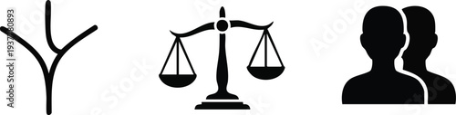 Legal and Social Silhouette Set: Justice Scales, Human User Profiles, and Branching Path Icons
