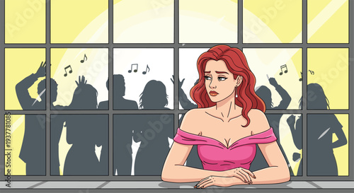 Sad lonely woman in pink dress looking away at party with dancing people silhouettes background, social anxiety concept
