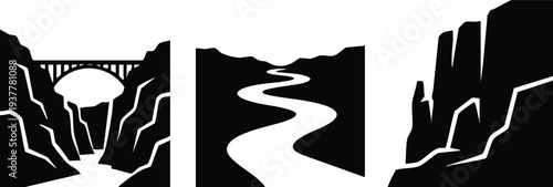 Canyon Landscape Silhouette Set: Arched Bridge, Winding River Valley, and High Cliff Wall Icons