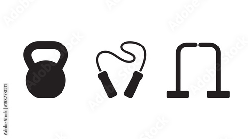 Black Icons Of Kettlebell, Jump Rope, And Battle Ropes On White Background For Fitness And Exercise Concepts