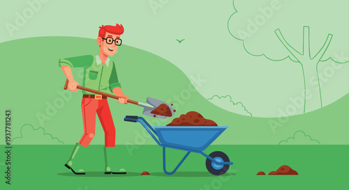 Man gardening and shoveling soil into a blue wheelbarrow in a green park, outdoor yard work illustration