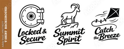 Creative vintage tshirt design collection featuring locked secure vault summit spirit goat and catch the breeze kite themes