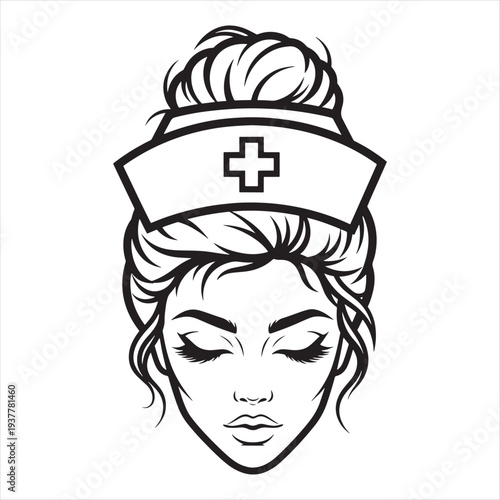 Nurse Face Vector Illustration, Beautiful Woman in Medical Nursing Cap with Cross, Black and White Line Art, Healthcare Professional Icon