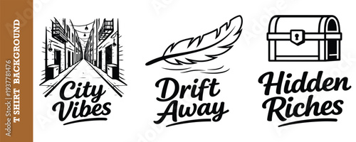 Creative vintage tshirt design collection featuring urban city vibes feather and treasure chest graphics isolated