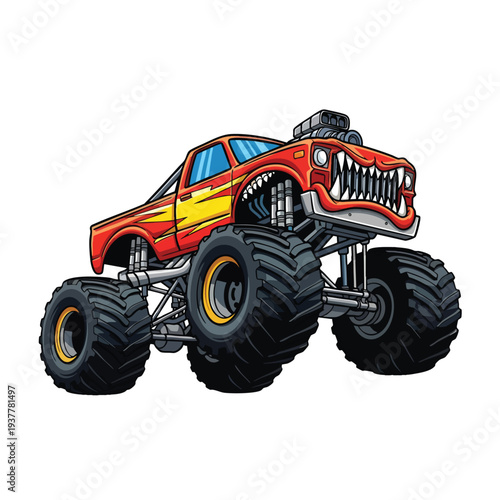 A vector illustration of a red monster truck with sharp teeth and large tires on a white background. Perfect for games, children's books, and automotive designs.