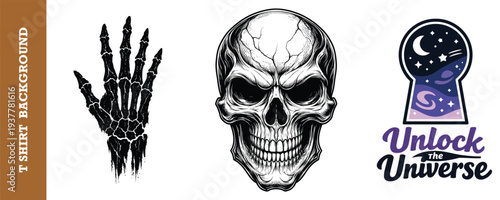 Dark artistic illustration featuring a skeletal hand a menacing skull and a mystical keyhole with stars and galaxy elements